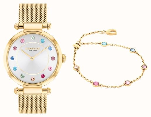 Coach Women's Cary Gift Set (34mm) Silver Dial / Gold-Tone Stainless Steel Mesh Bracelet 14000112