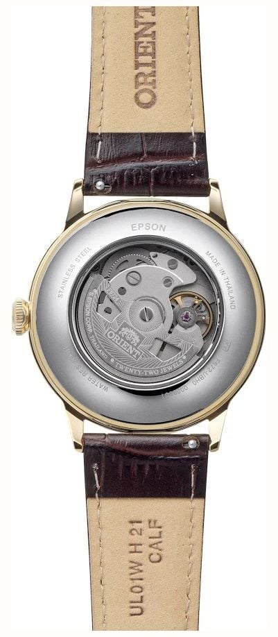 Orient Men's Automatic Gold Tone Stainless Steel Case Brown Leather Strap With Domed Mineral Crystal RA-AC0028S30B - alternate view 4