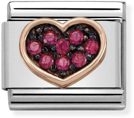 Nomination Classic Heart Red CZ Crystals Link Steel & Bonded Rose Gold Charm 430311/01