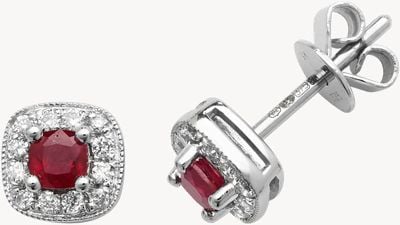 Treasure House 9k White Gold Diamond Ruby Cushion Stud Earrings ED252WR