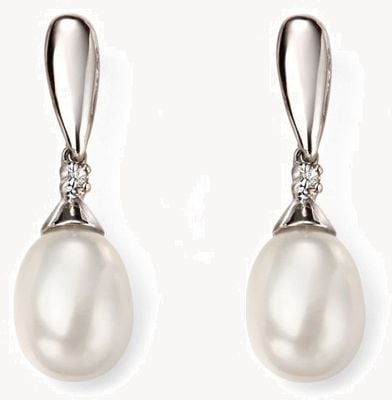 Elements Gold 9k White Gold  Diamond Pearl Drop Earrings GE2075W