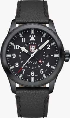 Luminox P-38 Lightning GMT 9520 Series 'Black Stealth' (42mm) Black Dial / Black Leather Strap Watch XA.9531