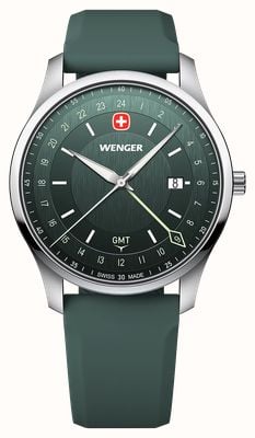 Wenger City GMT Quartz (42mm) Brushed Green Dial / Green Silicone Strap 01.1442.101
