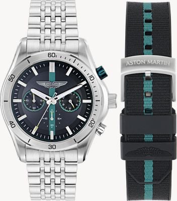 Aston Martin Thrill CLP Quartz Chronograph (45mm) Black Dial / Steel Bracelet & Silicone Strap MTRL1F607