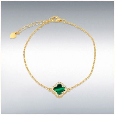 Sterling Silver Yellow Gold Plated 11mm x 11mm Clover Malachite and 1mm White CZ Adjustable Bracelet 8.23.7953