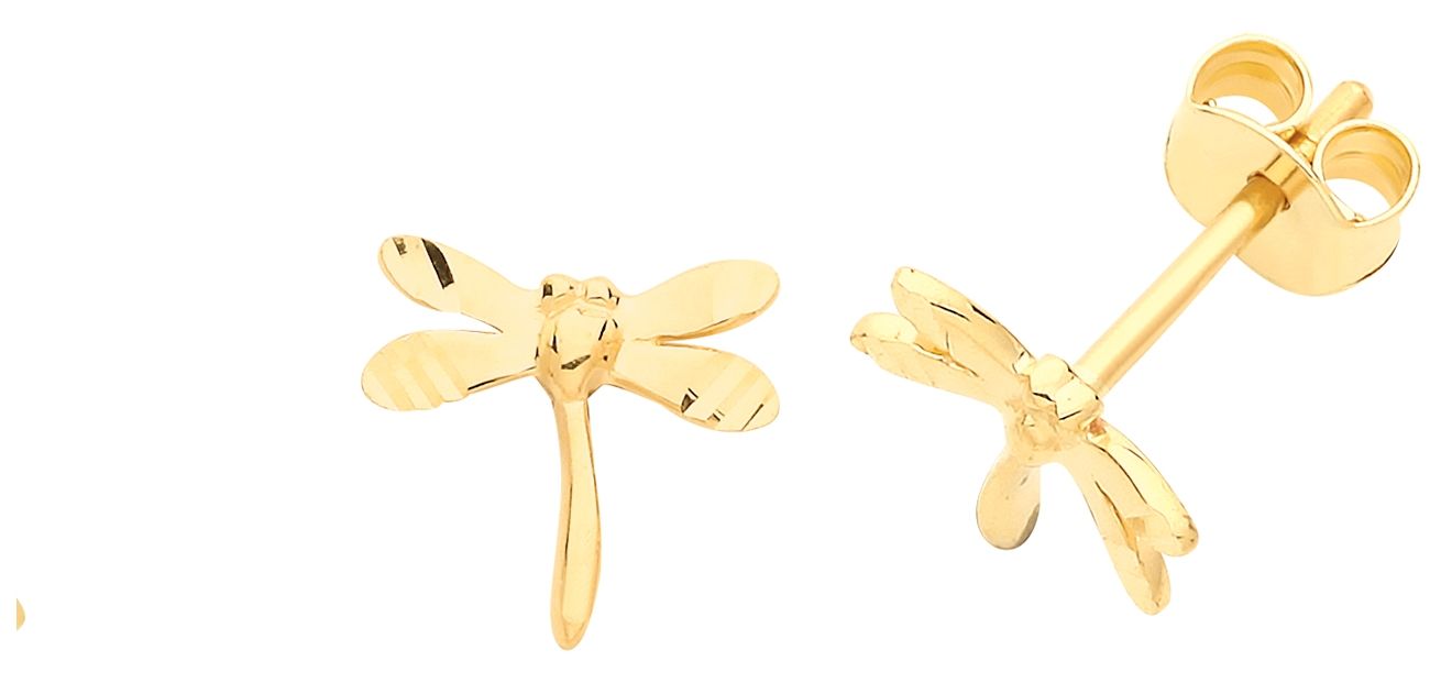 James Moore TH ES688 9ct Gold Small Dragonfly Stud Earrings Jewellery