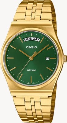 Casio Retro MTP Series Day/Date (35mm) Green Sunray Dial / Gold PVD Stainless Steel Bracelet MTP-B146G-3AVEF