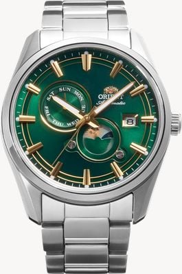 Orient Stretto Sun & Moon Automatic (41.5mm) Green Dial / Stainless Steel Bracelet RA-AK0314E30B