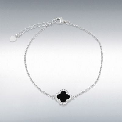 Sterling Silver Rhodium Plated 11mm Clover Black Agate White CZ Adjustable Bracelet 8.23.8112