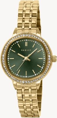 Radley Crystal-Set Three-Hand Quartz (28mm) Cactus-Green Sunray Dial / Gold PVD Stainless Steel Bracelet RY4686