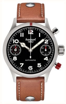 Hanhart PIONEER TwinDicator Automatic Chronograph (45mm) Black Dial / Light Brown Leather Strap - M 731.210-0210