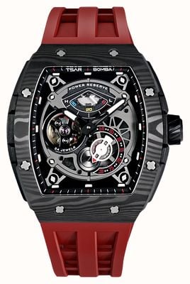 TSAR BOMBA Elemental Series Carbon Fiber Automatic (44.6mm) Black Skeleton Dial / Red FKM Rubber Strap TB8210CF-03