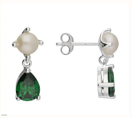 James Moore CME Silver FWP Stud With Green Cubic Zirconia Pear Drop H6542/S