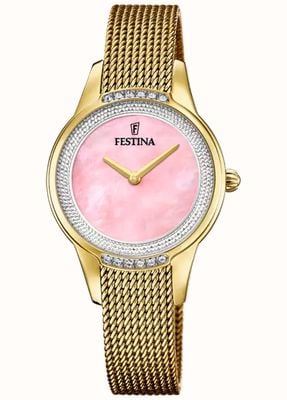 Festina Mademoiselle (30.2mm) Pink Mother Of Pearl Dial / Gold-Tone Stainless Steel Mesh Bracelet F20495/2