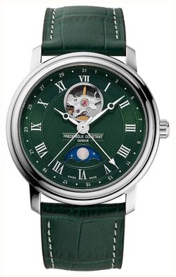 Frederique Constant Classics Moonphase Heart Beat Automatic (40mm) Green Guilloché Dial / Green Leather Strap FC-335MCGRW4P26
