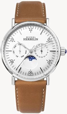 Herbelin Montre Inspiration Moonphase Brown Leather Strap White Dial 12747AP11GD