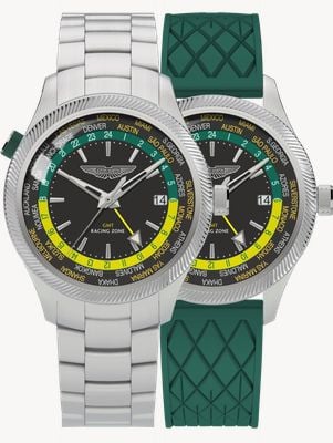 Aston Martin GRZ Icon Quartz Racing Zone GMT (41mm) Podium Green Dial / Steel Bracelet + Silicone Strap MTIZ1F503