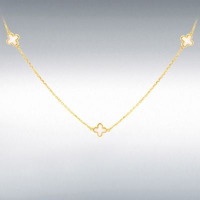 18ct Yellow Gold 3 X 6.5mm Mother Of Pearl Clover Petals Necklace 41-43cm/16-17" 7.19.1600