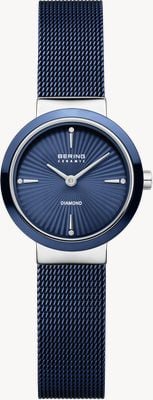 Bering Classic Diamond Quartz (27mm) Textured Blue Dial / Blue Milanese Mesh Strap Watch 10725-307