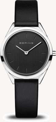 Bering Women's Ultra-Slim | Polished Silver | Black Leather Strap 17031-402