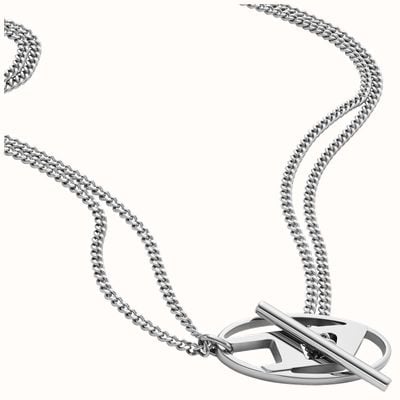 Diesel Oval D Logo Stainless Steel Double Chain Pendant Necklace DX1534040