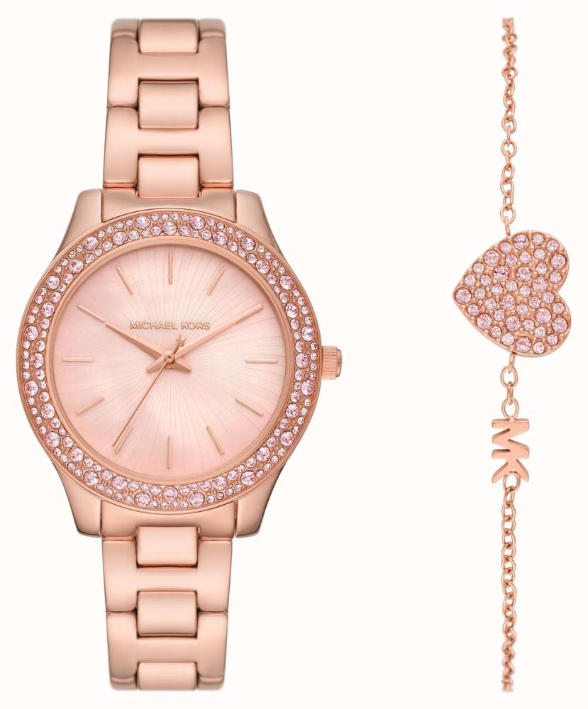 Michael Kors Liliane Rose Gold Tone Watch And Crystal Heart Bracelet Set MK1068SET