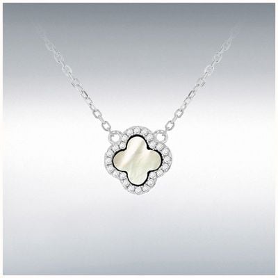 Sterling Silver Rhodium Plated 11mm Clover Mother Of Pearl and 1.1mm White CZ Adjustable Necklace 40 8.13.8090