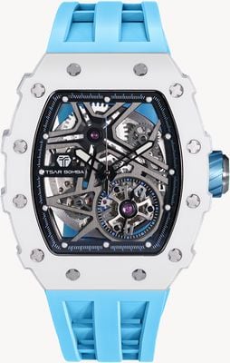 TSAR BOMBA Elemental Series Ceramic Automatic (43.5mm) Black Skeleton Dial / Blue FKM Rubber Strap TB8209C-04