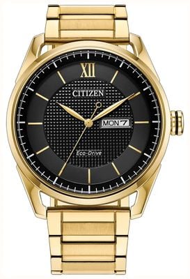 Citizen Eco-Drive Day/Date (42mm) Black Dial / Gold PVD Stainless Steel Bracelet AW0089-52E