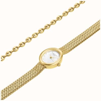 Rosefield Oval - Gift Set (24mm) White Mother-of-Pearl Dial / Gold-Plated Stainless Steel Mesh Bracelet MOGCB-X289