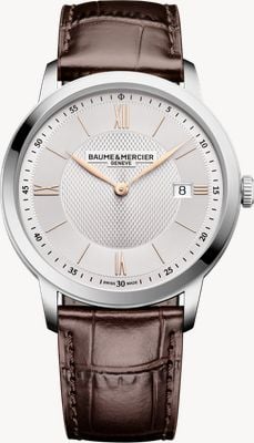 Baume & Mercier Classima Quartz (40mm) Silvery Opaline Sun-Satin Barleycorn Dial / Brown Calfskin Leather Strap 10882