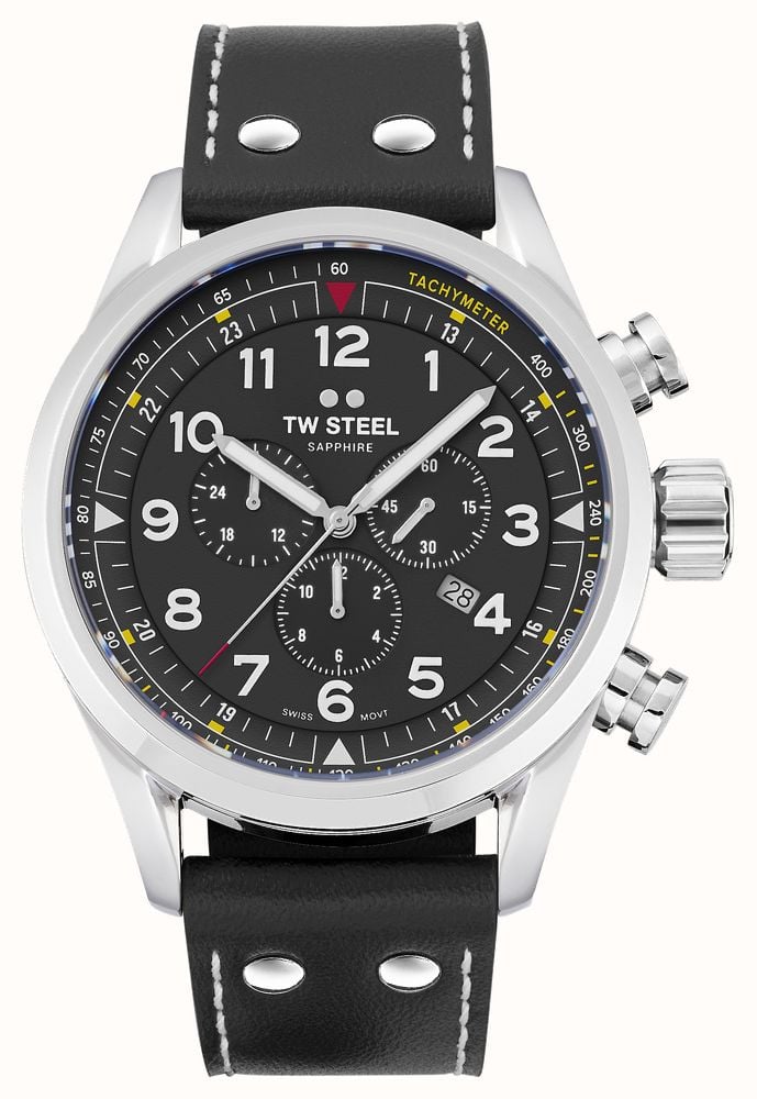 TW Steel Swiss Volante Chronograph 48mm Satin Black Dial Black Smooth Italian Calf SVS202 First Class Watches