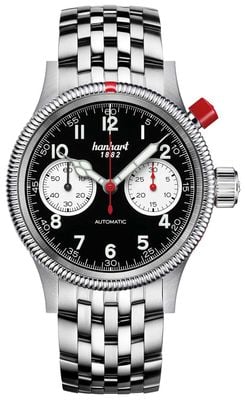 Hanhart PIONEER Mk I Reverse Panda (40mm) Black Dial / Stainless Steel Bracelet 714.211-6428