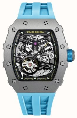 TSAR BOMBA Elemental Series Titanium Automatic (43.5mm) Black Skeleton Dial / Light Blue Silicone Strap TB8208T-03