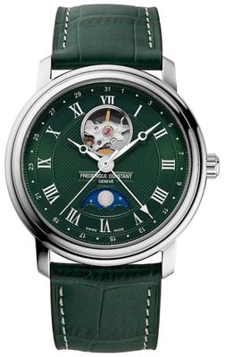 Frederique Constant Classics Moonphase Heart Beat Automatic (40mm) Green Guilloché Dial / Green Leather Strap FC-335MCGRW4P26