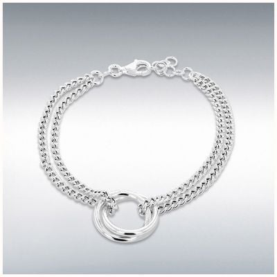 IBB Sterling Silver Linked-Rings Double-Curb Chain Adjustable Bracelet 8.29.0021