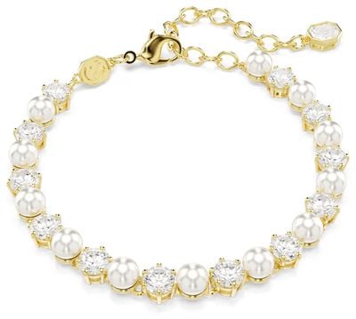 Swarovski Matrix Tennis bracelet, Crystal pearl, Round cut, White, Gold-tone plated 5742026