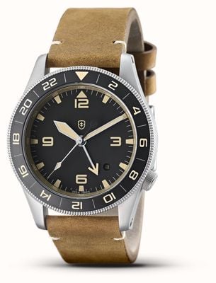 Elliot Brown Holton Professional Automatic GMT (43mm) Black Dial / Raw Edge Mid Tan Leather Strap 101-A21-L21