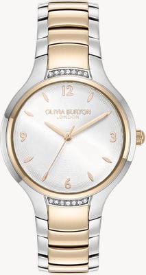 Olivia Burton Classic Lea Crystal (34mm) Silver-White Guilloche Dial / Two-Tone Stainless Steel Bracelet 24000211