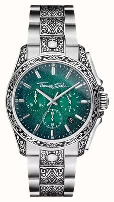 Thomas Sabo Rebel At Heart Chrono (41mm) Dark Green Textured Dial / Engraved Stainless Steel Bracelet WA0445-201-211-41