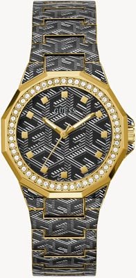 Guess Women's Misfit (38mm) Black Patterned Dial / Black and Gold-Tone Patterned Stainless Steel Bracelet GW0597L1