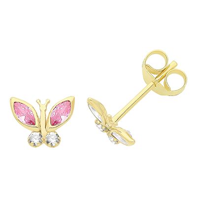 James Moore TH ES727 9ct Yellow Gold Pink/clear Cz Butterfly Jewellery