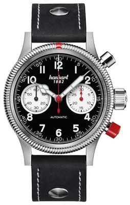 Hanhart PIONEER Mk II Automatic Chronograph (40mm) Reverse Panda Dial / Black Leather Rivet Strap - M 716.211-0010