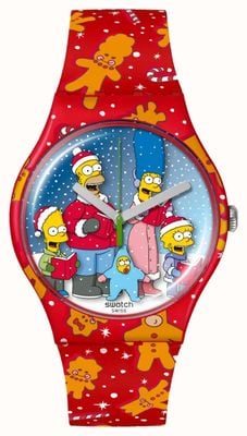 Swatch x The Simpsons WONDROUS WINTER WONDERLAND (41mm) Simpson-Printed Dial / Red Printed Silicone Strap SUOZ361