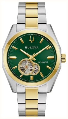 Bulova Surveyor Open-Heart Automatic (39mm) Green Sunray Dial / Two-Tone Stainless Steel Bracelet 98A338