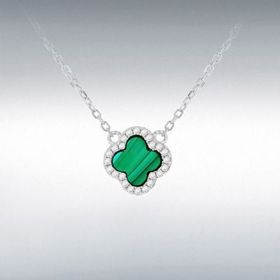 Sterling Silver Rhodium Plated 11mm Clover Malachite and 1.1mm White CZ Adjustable Necklace 8.13.8040