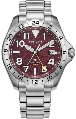 Citizen Eco-Drive Promaster Land GMT (39mm) Textured Deep Red Dial / Stainless Steel Bracelet BJ7150-50W