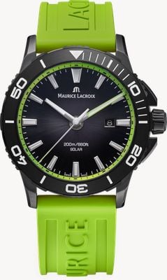 Maurice Lacroix Pontos S Solar Date (42mm) Black Smoked Translucid Dial / Green Fluo Rubber Strap Watch PT1008-DLB00-330-5