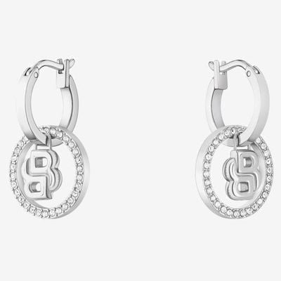 BOSS Jewellery Double B Divine Silver Tone Drop Huggie Hoop Earrings 1580820