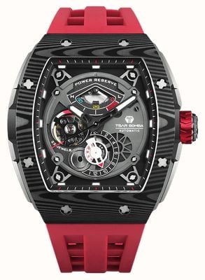 TSAR BOMBA Elemental Series Carbon Fiber Automatic (45.5mm) Black Skeleton Dial / Red FKM Rubber Strap TB8210CFII-03